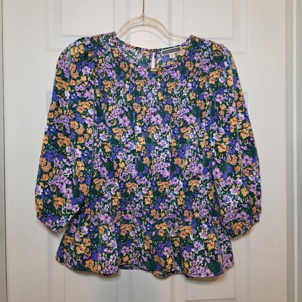 Pleione Floral Smocked bodice Ruffle hem Blouse Green Size M